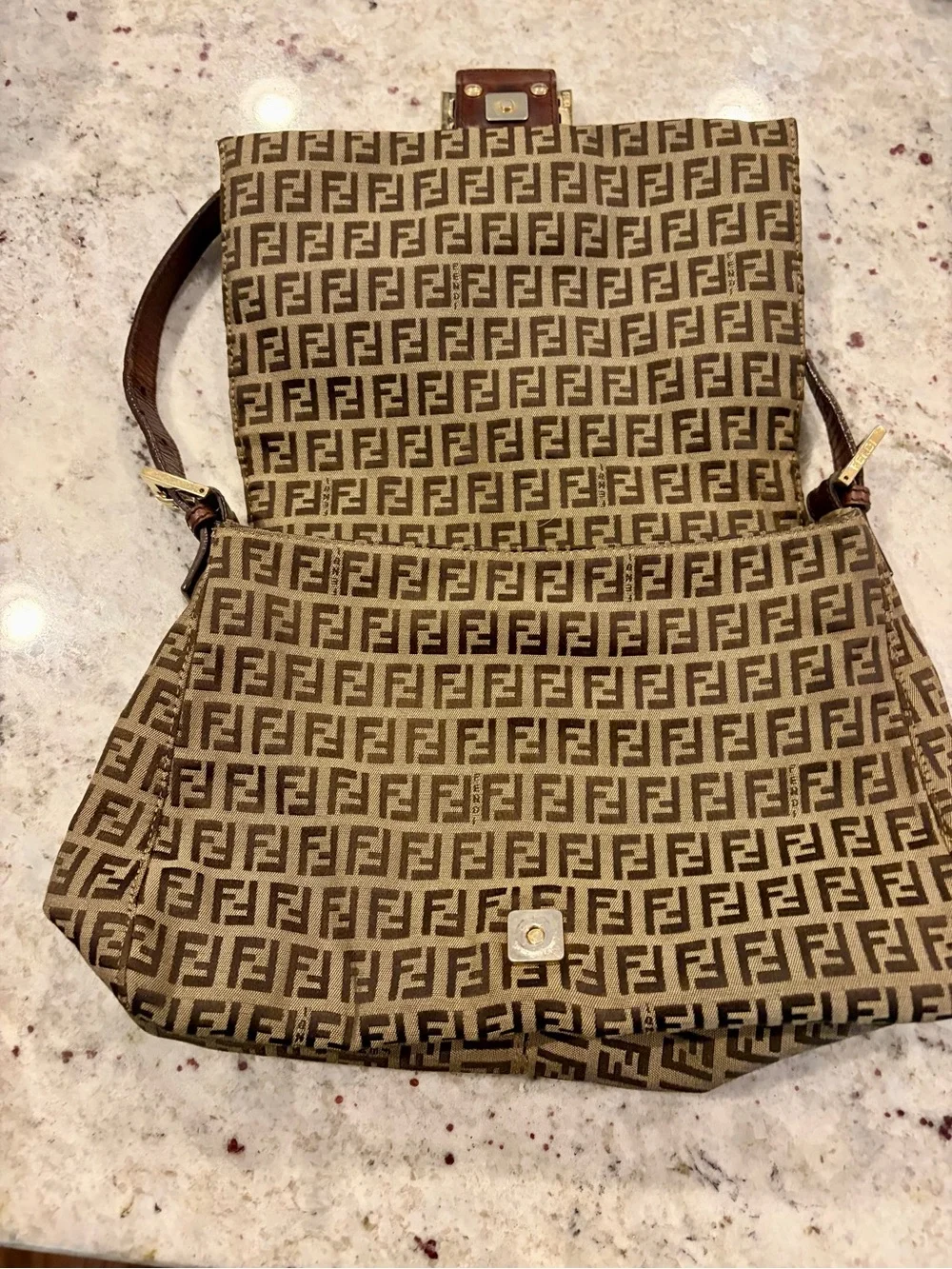 Fendi Brown FF Zucca Canvas Shoulder Bag with Gold Buckle - Picture 5 of 10